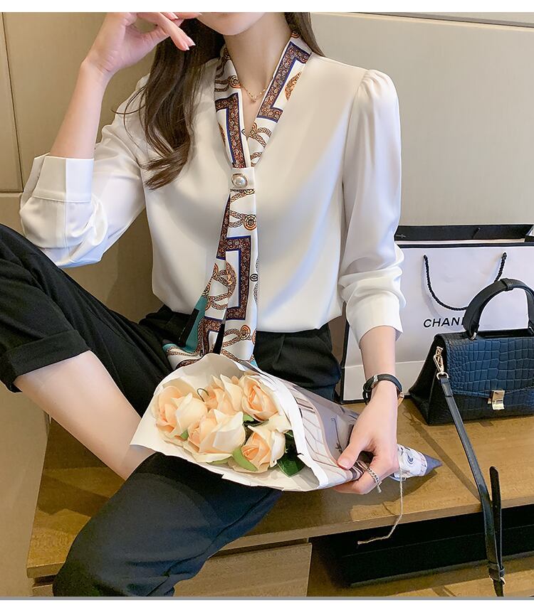 【tops】Vネック長袖プリント配色着回しOL通勤韓国ファッションシャツ