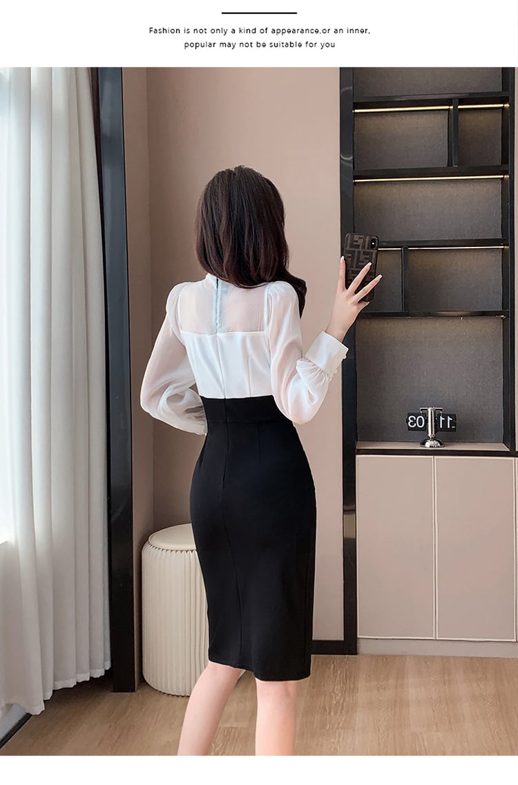 【dress】長袖偽二つ切り替えリボンワンピース G17925