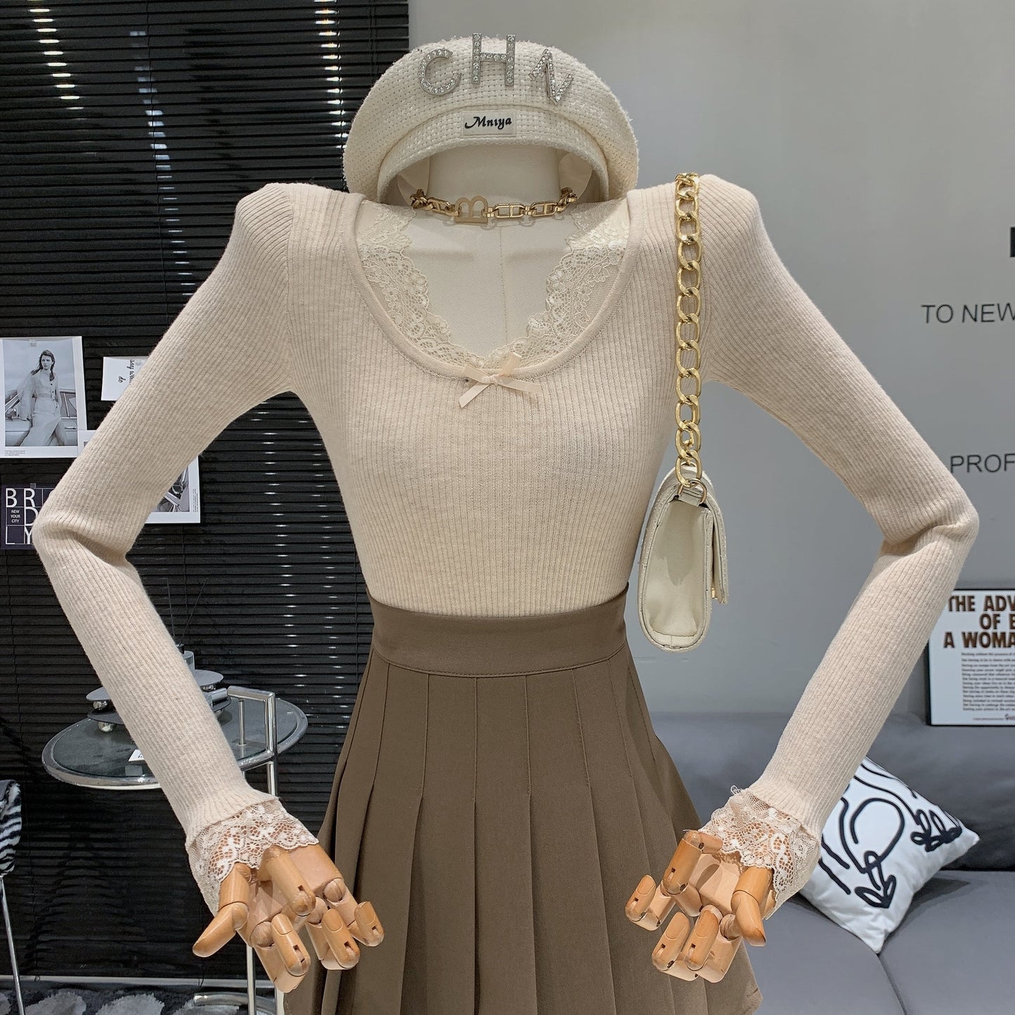 【tops】レースドッキングニットトップス　N2897