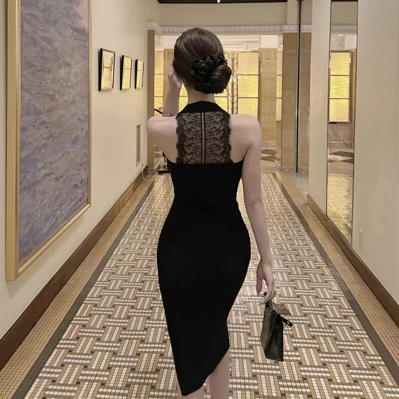 【dress】レースドッキングロングニットワンピース Q8002