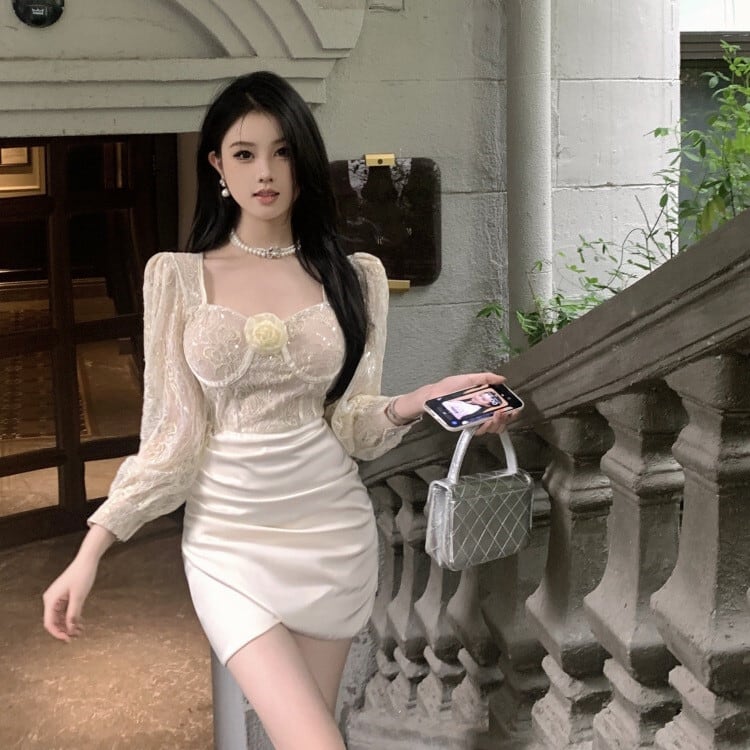 【dress】レース切り替えワンピース　M26394
