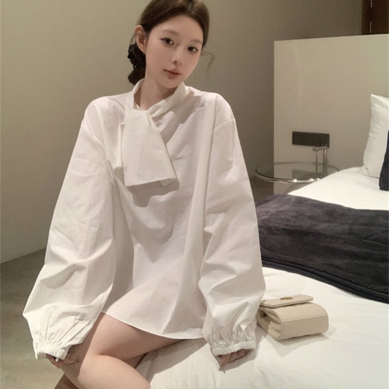 【tops】リボン付きシャツブラウス　M29627