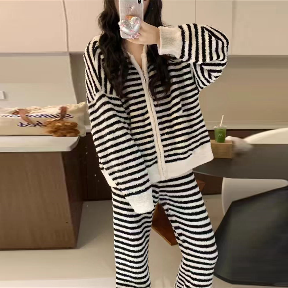 【ホーム・生活】秋冬厚手裏起毛ストライプ柄上下セットルームウェアパジャマG24581