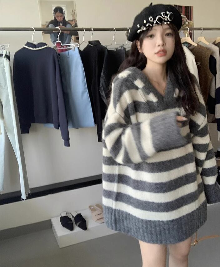 【tops】ボーダー柄ニットセーター　M19091