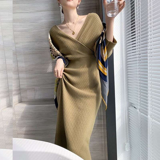 【dress】好感度UP韓国ファッション秋冬新作Vネック長袖無地体型カバーニットワンピースF1158