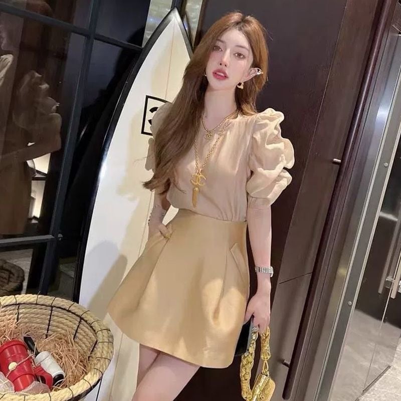 【set】半袖パフ袖ブラウス+スカート2点セットF7529