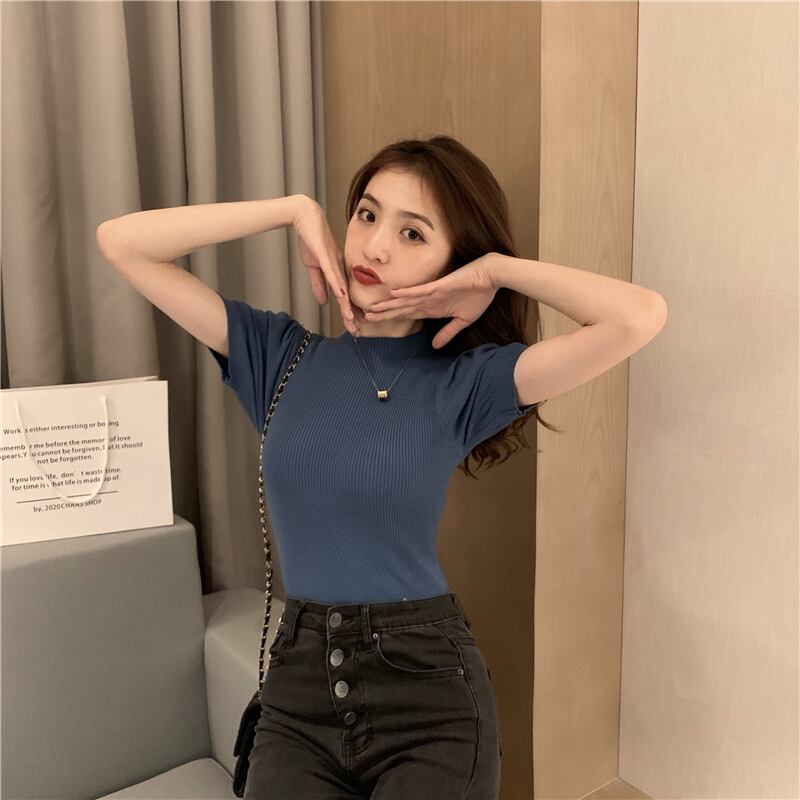 【tops】好感度UPラウンドネック半袖着やせファッションニットTシャツF0100