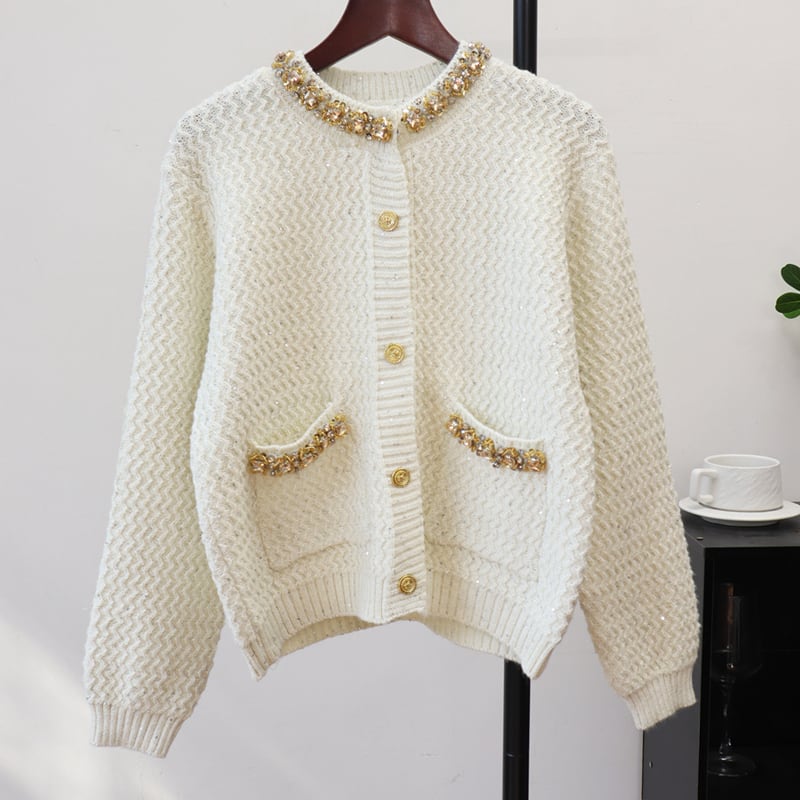 【outer】ラメ入りラインストーン付きニットカーディガン Q7326