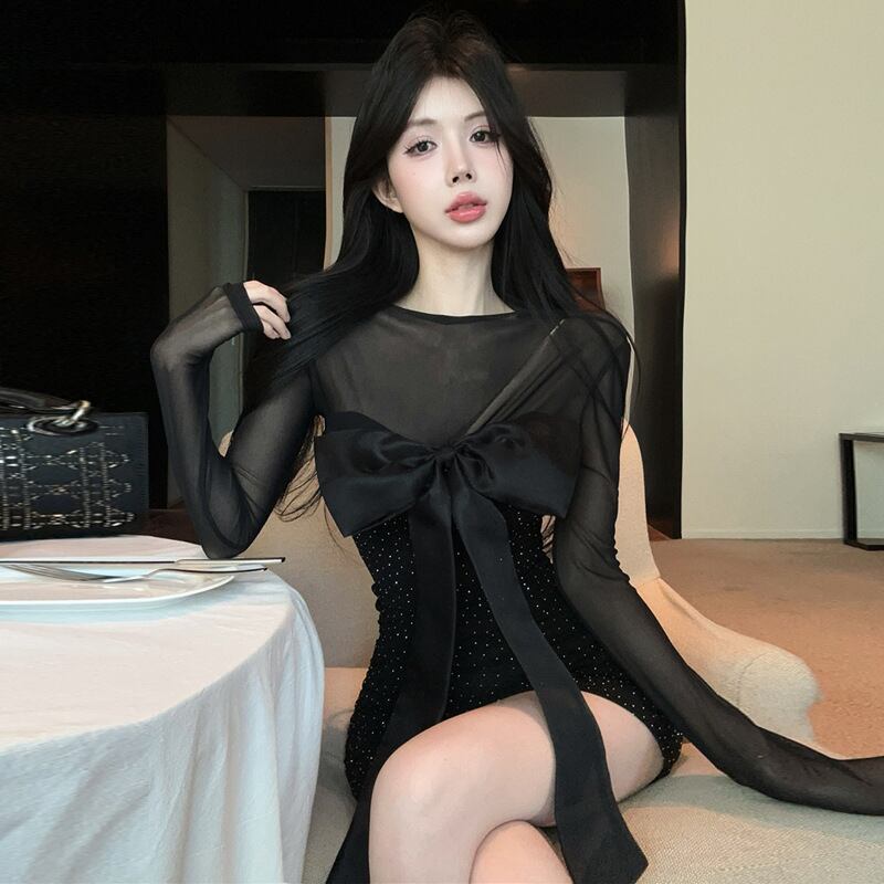 【dress】チュールコンビビジューリボン付きワンピース　M29784