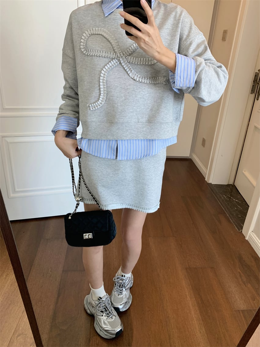 【set】ストライプ柄シャツ×リボンプルオーバー×スカート3点セット    N2733