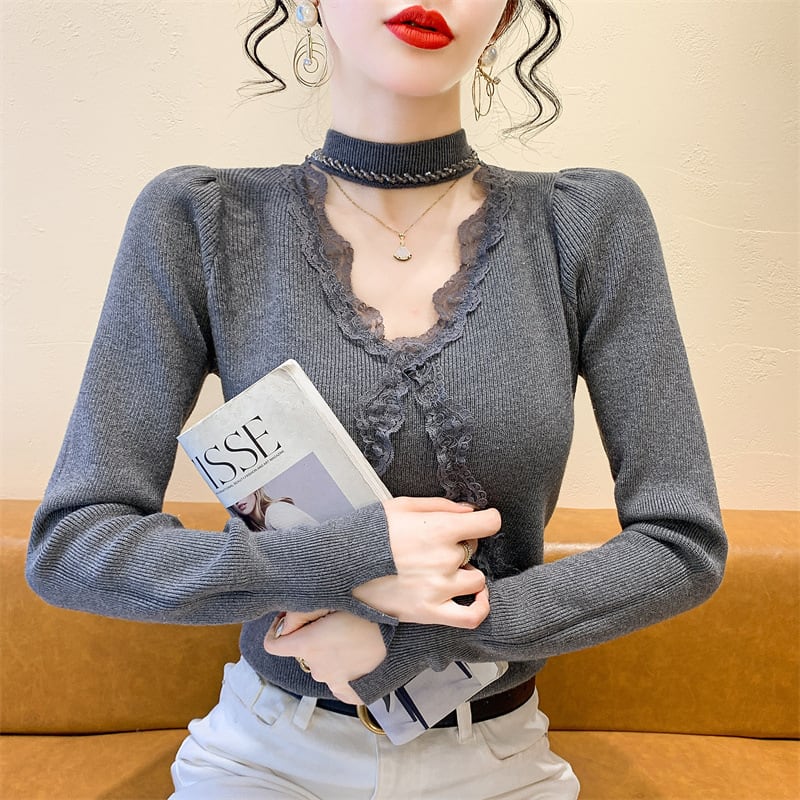【tops】ビジューレース切り替えニットトップス　M27732