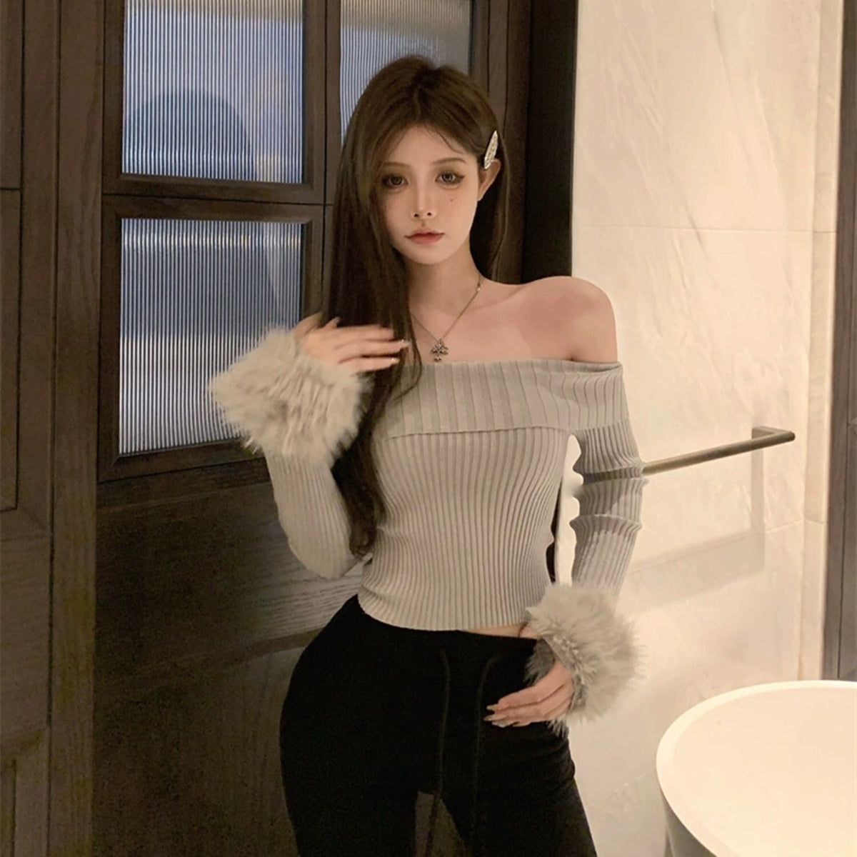 【tops】オフショルダー袖ファーニットトップス     N2148
