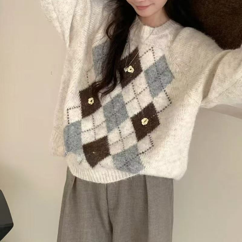 【tops】アーガイルチェックニットトップス Q7145