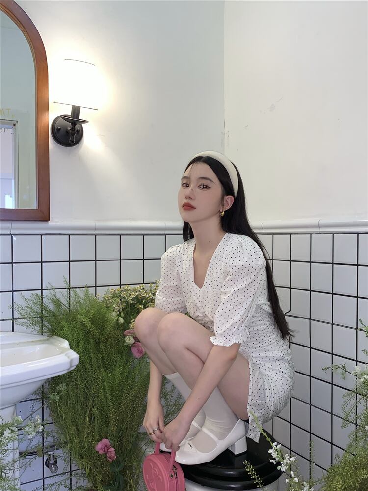 【dress】Vネックパフスリーブギャザーワンピース G21271