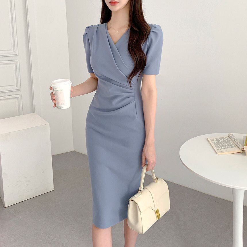 【dress】韓流スタイルchic気質満点Vネックパフスリーブ不規則スリットワンピース G12993