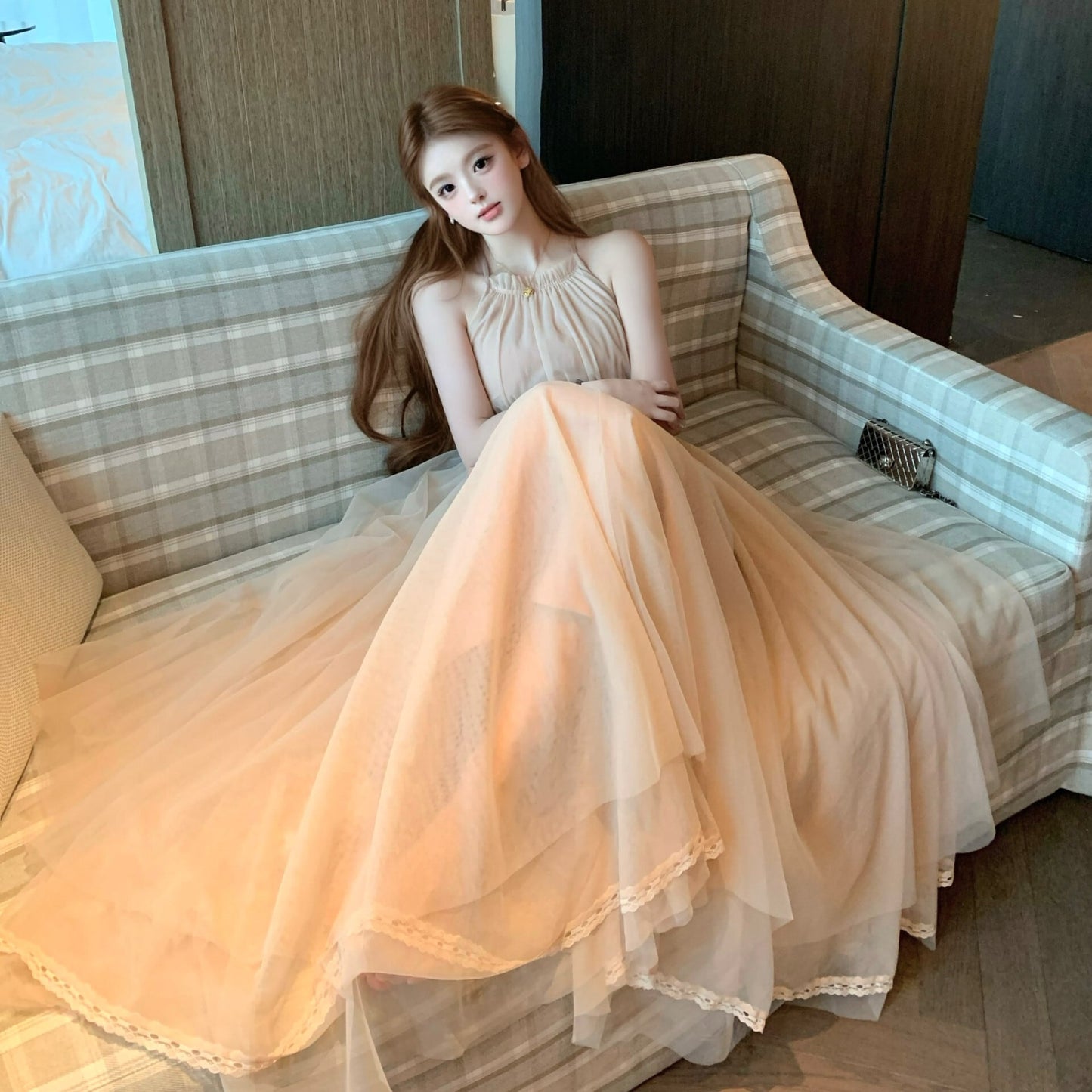 【dress】バックリボンチュールロングワンピース　N3217