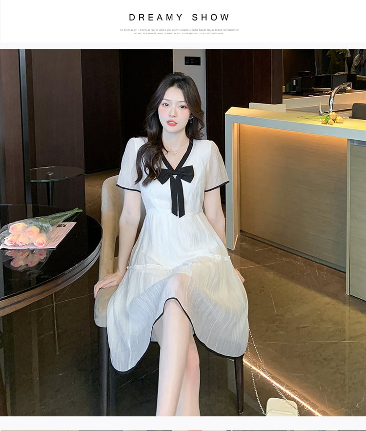 【dress】Vネックリボンシフォンワンピース G20932