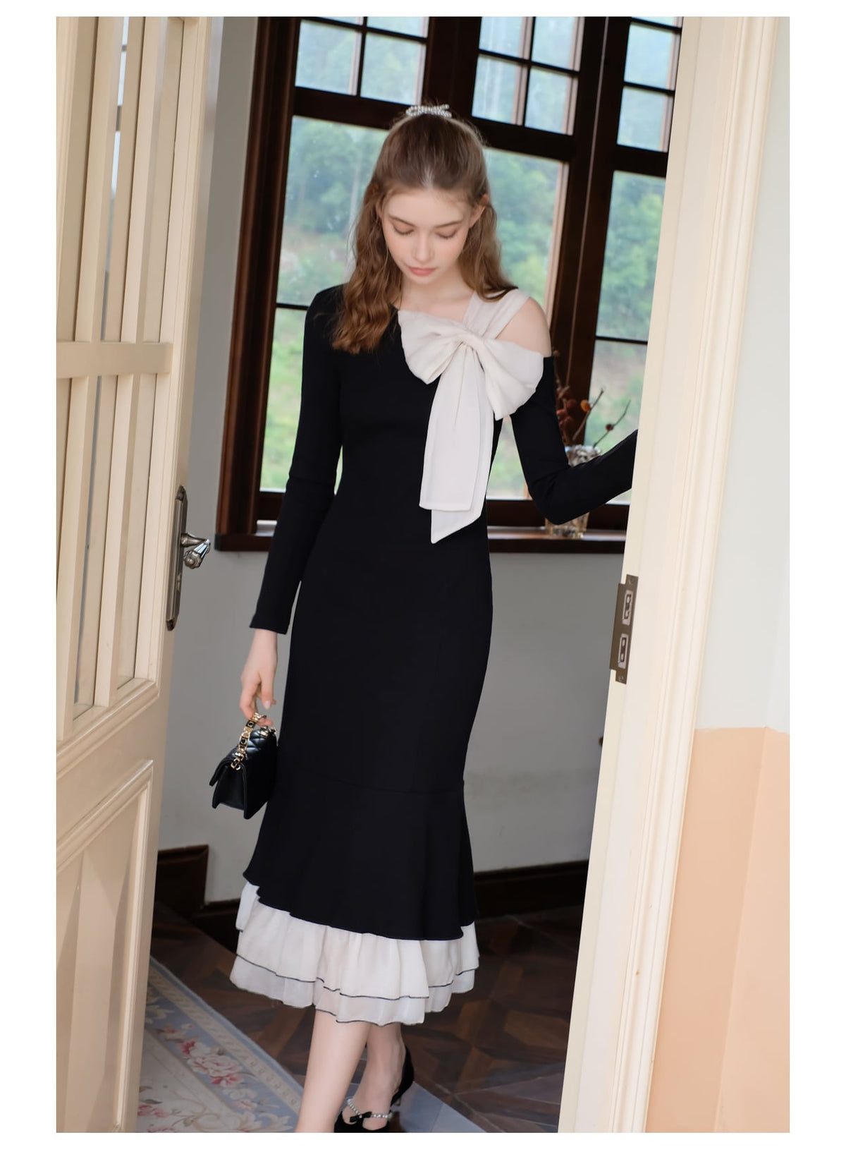 【dress】ショルダーリボンアシンメマーメイドワンピース　N2744