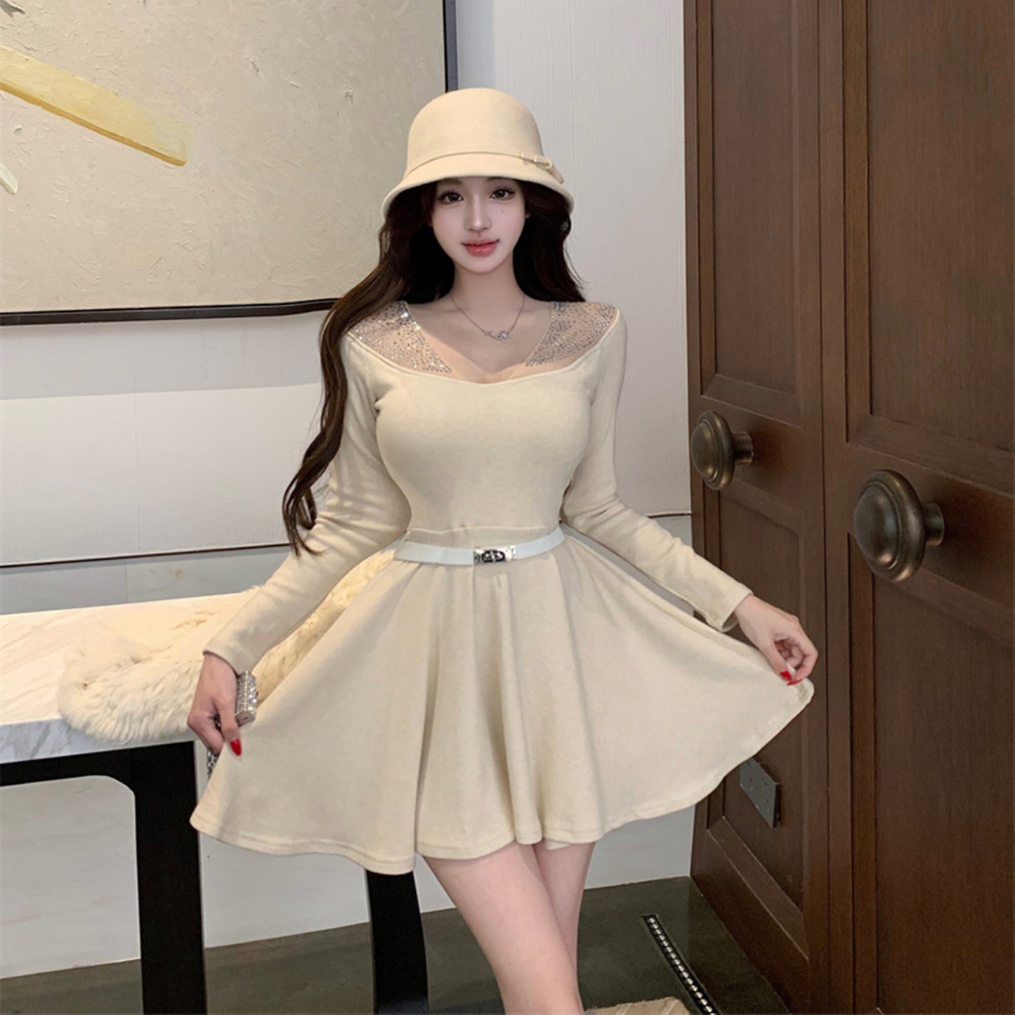 【dress】ラインストーンチュールニットミニワンピース　N3508