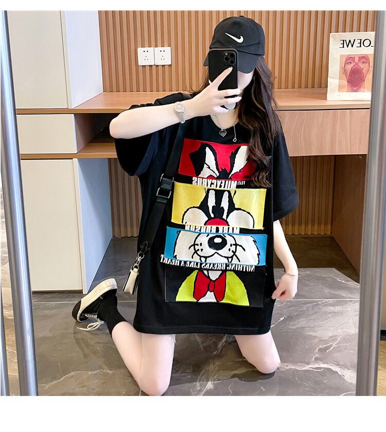 【tops】2色ラウンドネック半袖配色動物柄英字柄ゆったり着回しTシャツF2272