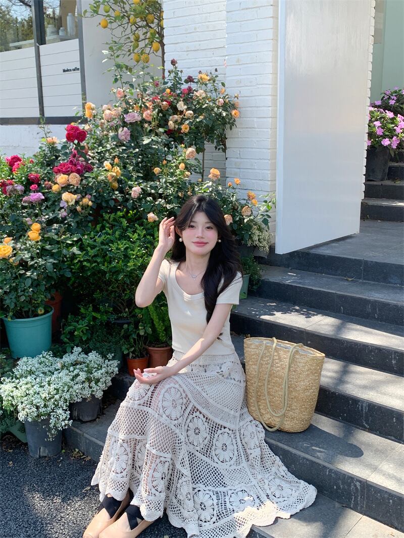 【set】トップス+レース透かし彫りスカート２点セットG21098