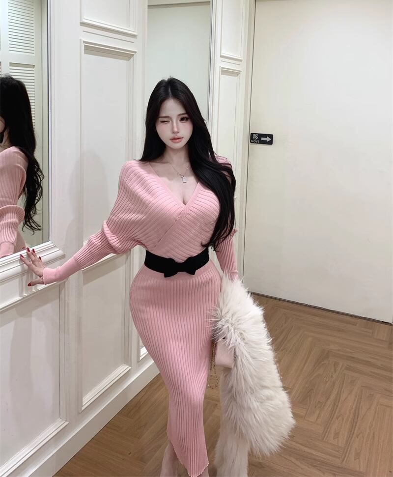【dress】クロスネックニットワンピース Q7545