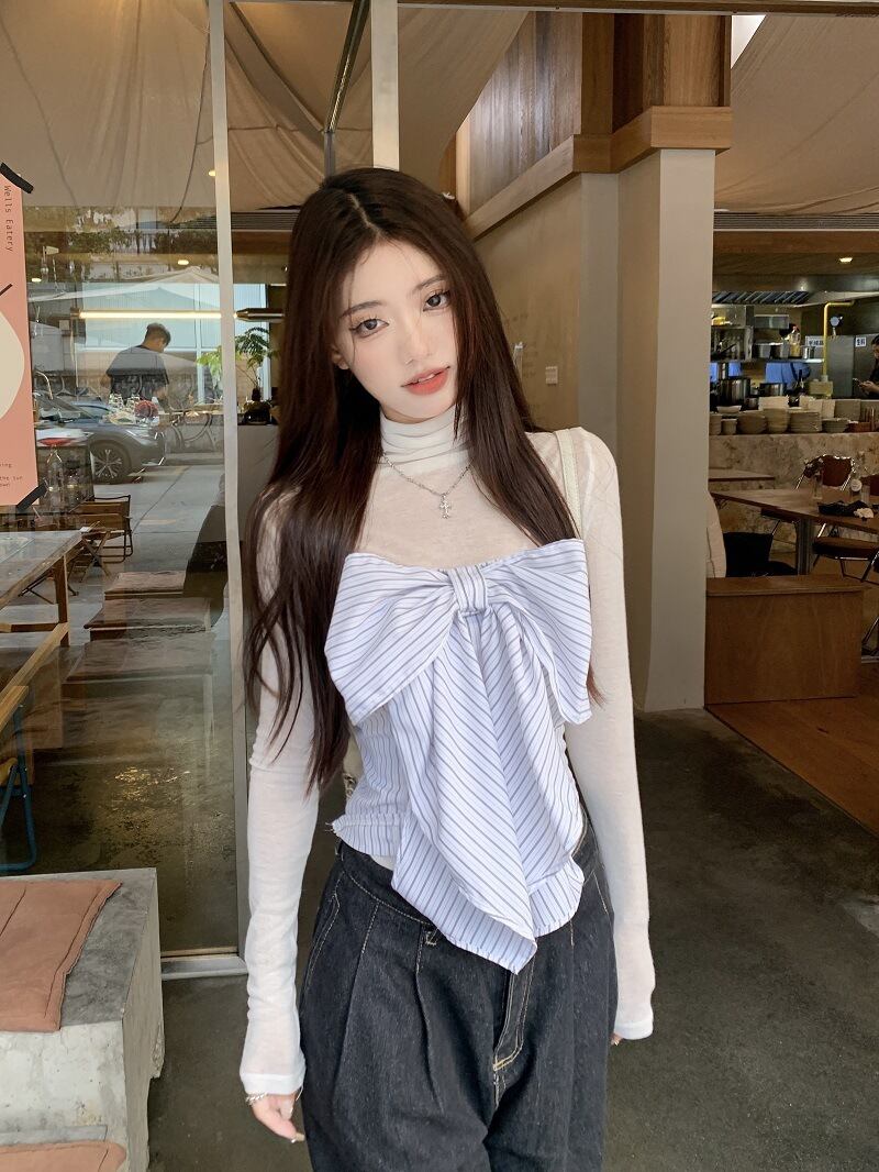 【set】Tシャツ+ストライプ柄リボンベアトップ２点セットG21346