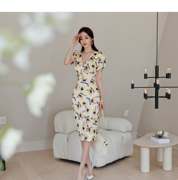【dress】Vネック花柄パフスリーブワンピース G21005