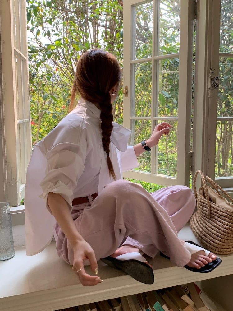 【tops】リボン付きシャツブラウス　M29818