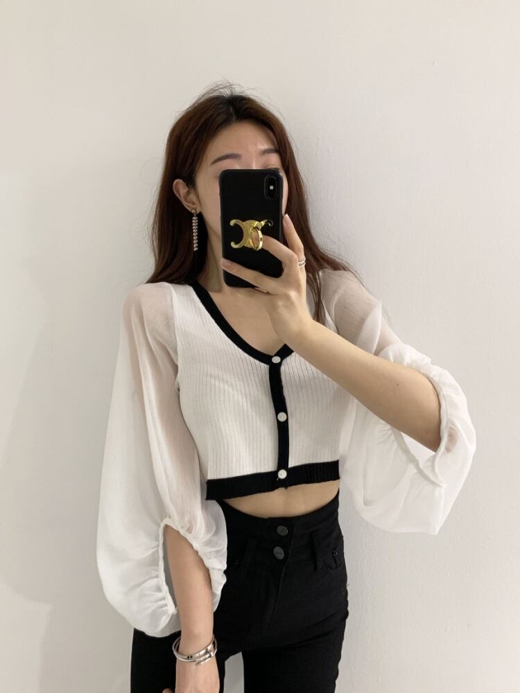 【tops】Vネック ランタンスリーブ切り替えトップスニット G15684