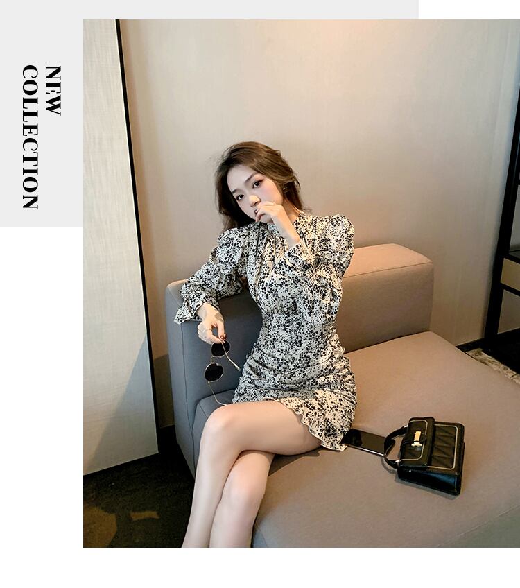 【dress】気質満点 レトロスタンドネックタイト不規則花柄ワンピース G1631