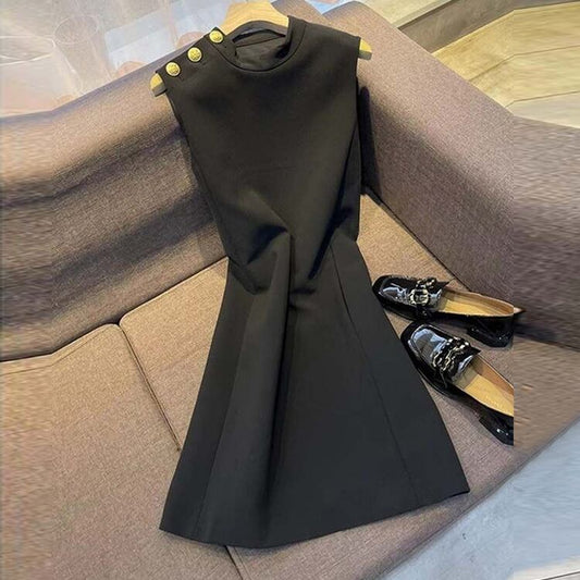 【dress】気質アップ夏新作2色ハーフネックノースリーブ無地人気AラインワンピースF5332