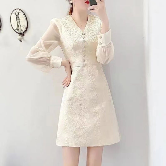 【dress】高級感溢れる春新作ドールカラー長袖ランタンスリーブ韓国ファッション無地OL通勤ワンピースF1806