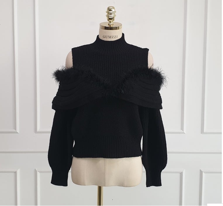 【tops】オフショルダーファーニットトップス　M28998