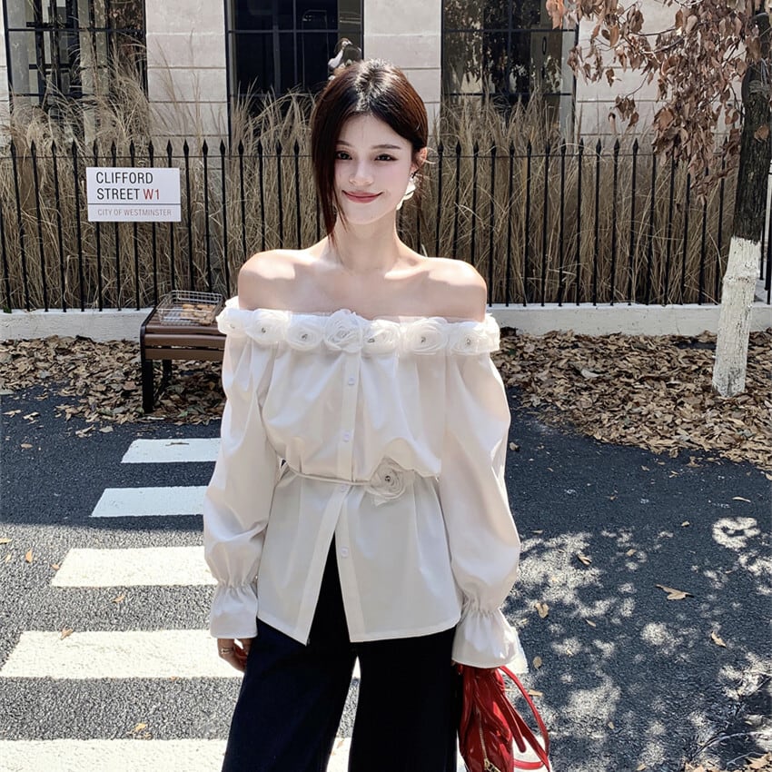 【tops】ボートネック立体フラワーシャツトップス　M29555