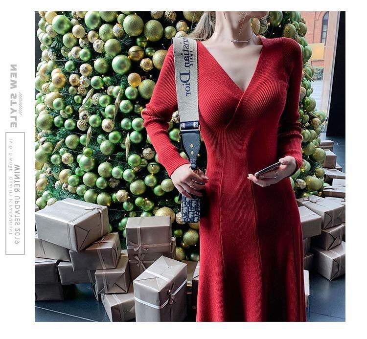 【dress】好感度UP!気質満点エレガントVネック知的着痩せニットワンピース G2291