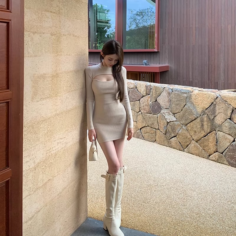 【dress】フロントカットニットワンピース Q7260