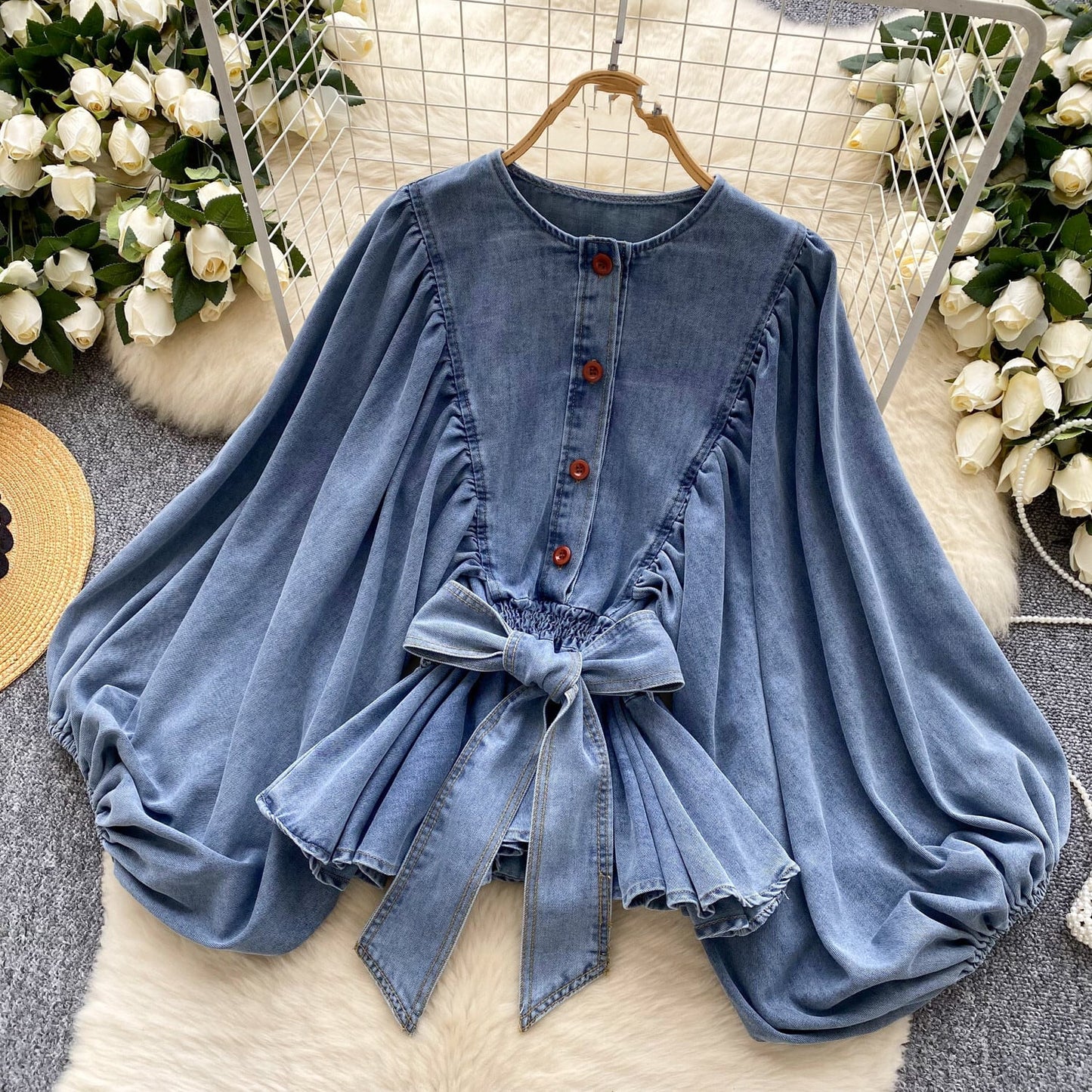 【tops】ランタンスリーブデニムシャツ　M29723