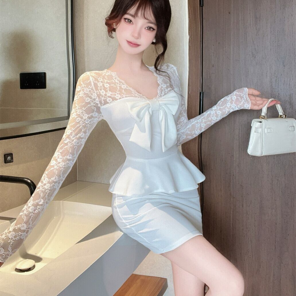 【dress】レース切り替えリボン付きワンピース　M27379