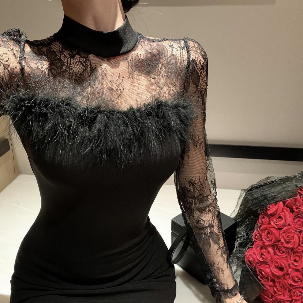 【dress】透け感フェイクファーデートワンピース　N2397