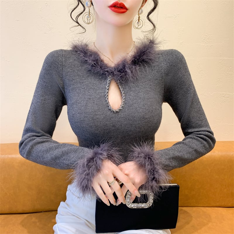 【tops】フェイクファーニットトップス　N2918