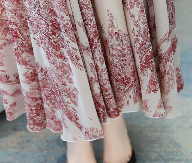 【dress】今季トレンド7分袖ウェスト絞りギャザー海旅行花柄配色大振り子シフォンロング丈ワンピースF1732