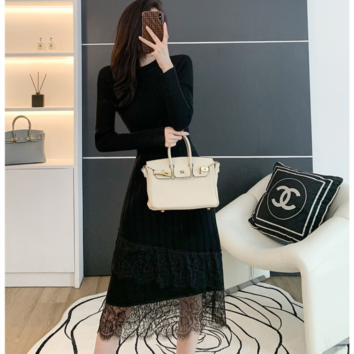 【dress】レースドッキングニットワンピース 　N2226