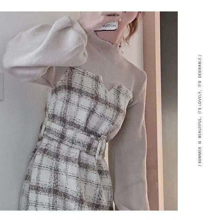 【dress】チェック柄ドッキングワンピース　M18472