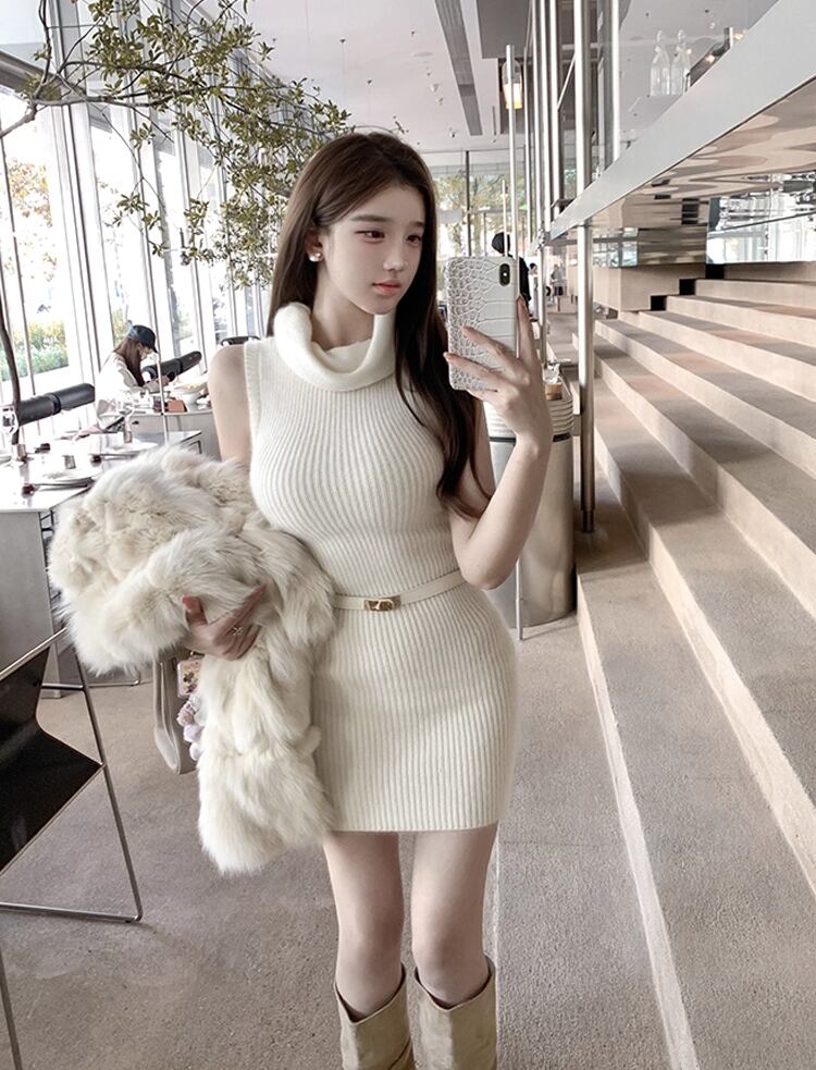 【dress】ベルト付きハイネックノースリーブニットワンピース Q7640