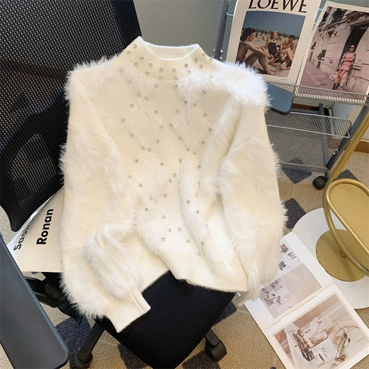 【tops】ラインストーンジオメトリック柄ニットセーターF6584