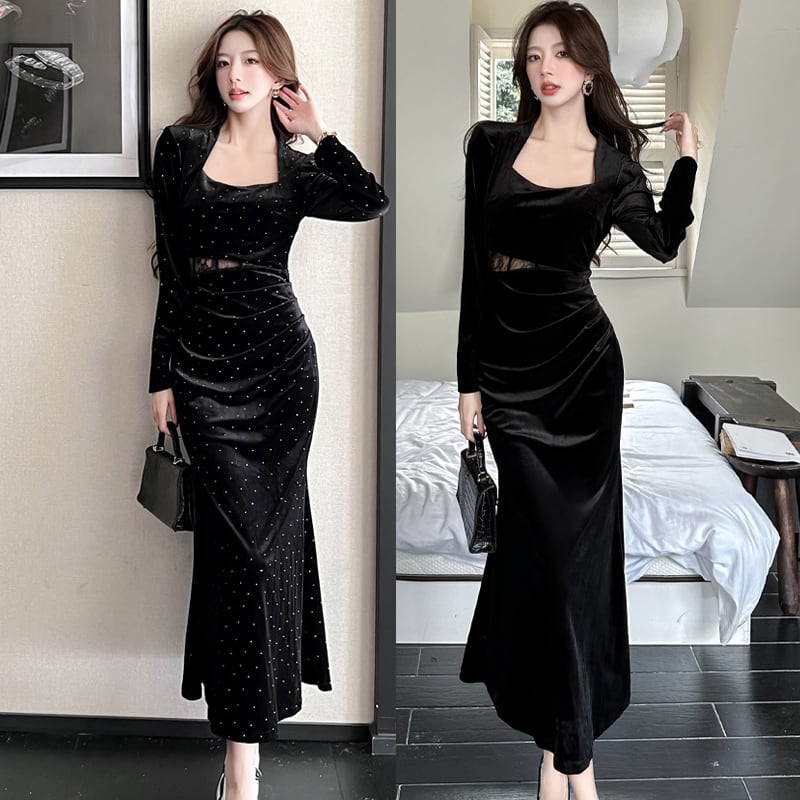 【dress】スクエアネックレースドッキングロングワンピース Q7286
