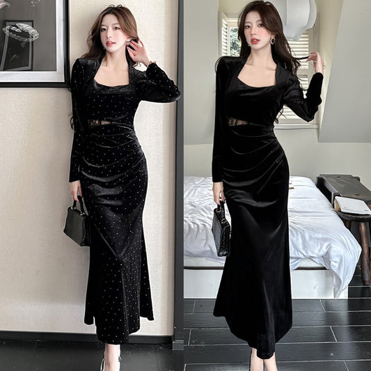 【dress】スクエアネックレースドッキングロングワンピース Q7286