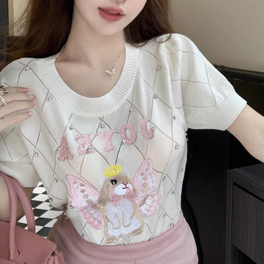 【tops】長袖ラインストーンニットＴシャツF7068