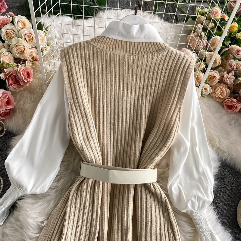 【set】好感度UP!気質満点レトロ韓国系着痩せニットベスト+シャツ２点セット G1682